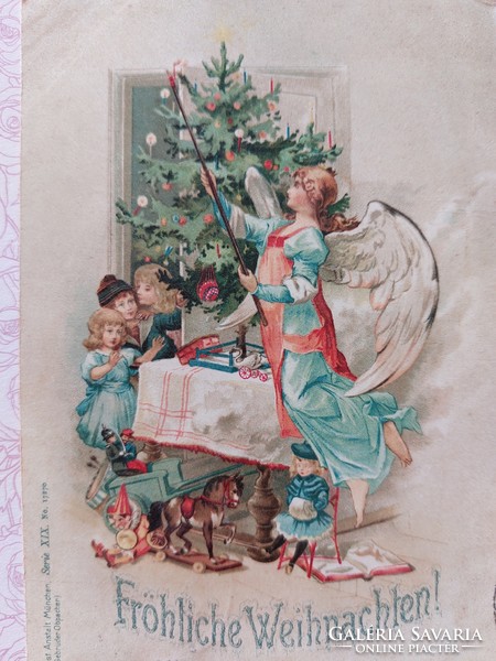 Old Christmas postcard 1898 postcard with angel kids toys
