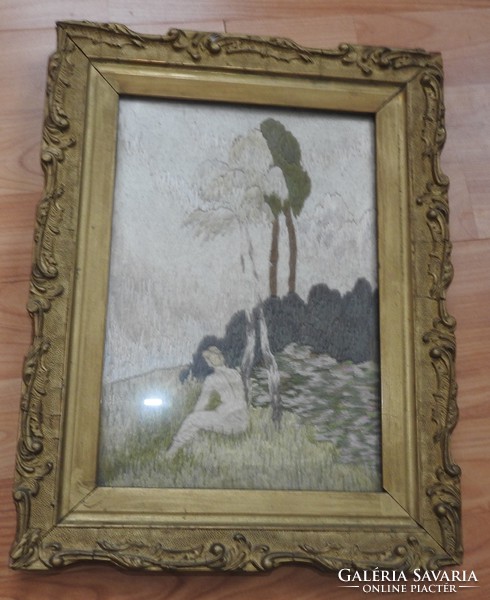 Antique secica yarn image - needlework mural in antique art nouveau frame