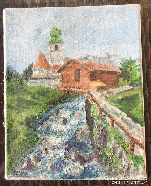 Old oil on canvas painting blindfold: village with church