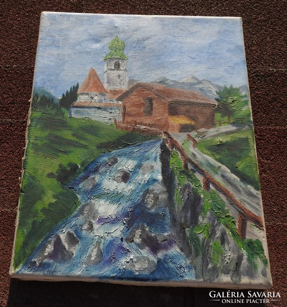 Régi olaj vászon festmény vakrámán : Falucska templommal