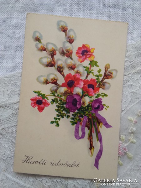 Régi virágos litho/litográfiás húsvéti képeslap, virágcsokor, barka 1942