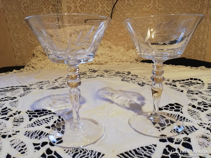 Old beautiful engraved glass short drink glasses for sale 2pcs!