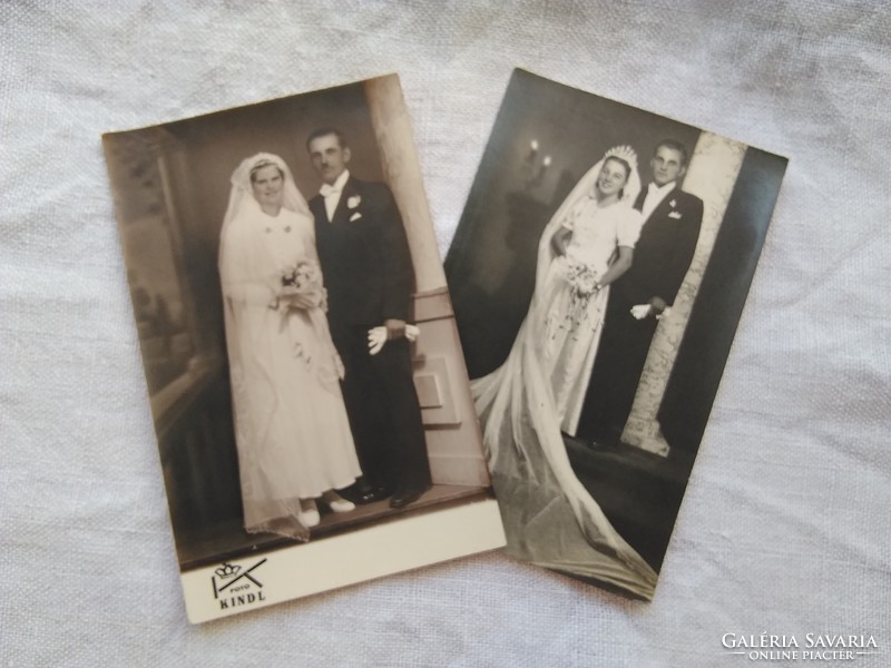 2 Old Hungarian studio wedding photos, solid photo 1938, 1942, veil, barge, lace