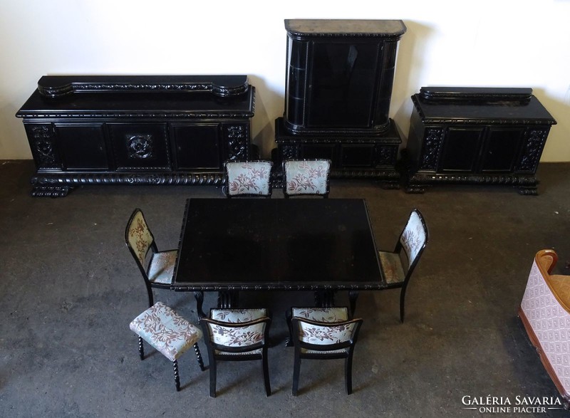 1H352 antique 11 piece black carved dining set dining set