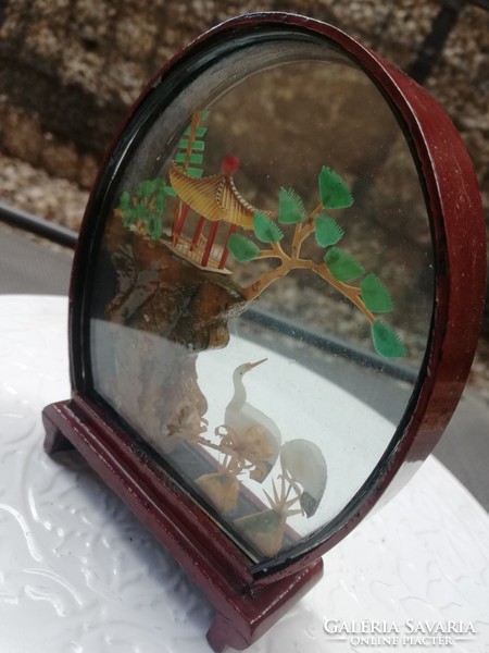 Oriental miniature landscape - lacquered wood - glass mini showcase