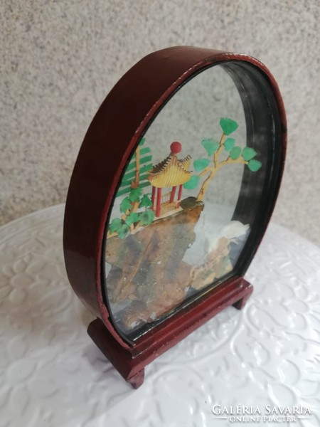 Oriental miniature landscape - lacquered wood - glass mini showcase