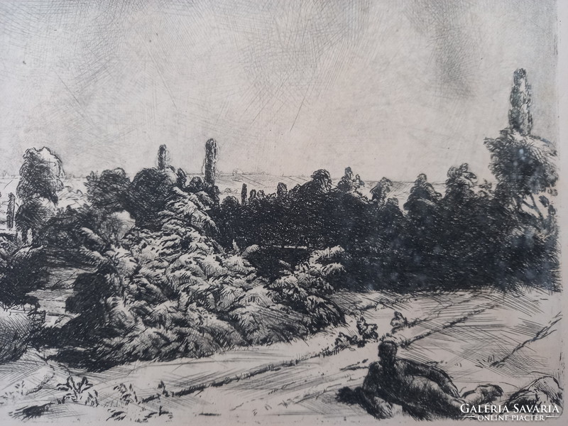 Jenő Tarjáni Simkovics - landscape of Rákosmánya, 1920s, etching