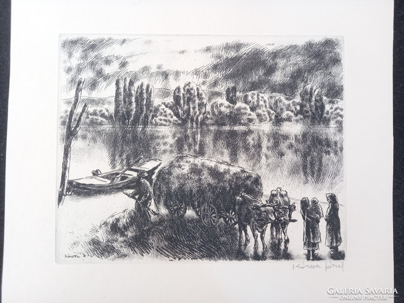 Choir Joseph - on the river bank, etching, folk life
