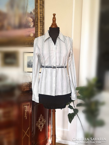 X-mail 40-42 white striped slim blouse. Black, gray, white