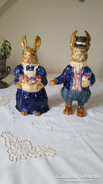 Rare, beautiful unique English dedham, glazed ceramic pair of rabbits 26-28 cm.