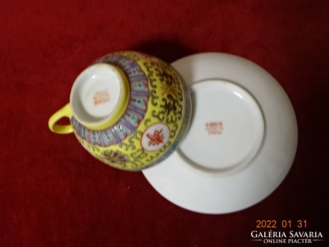 Kínai porcelán, hatszemélyes teáscsésze + alátét, Sárga alapon feliratos. Vanneki! Jókai.