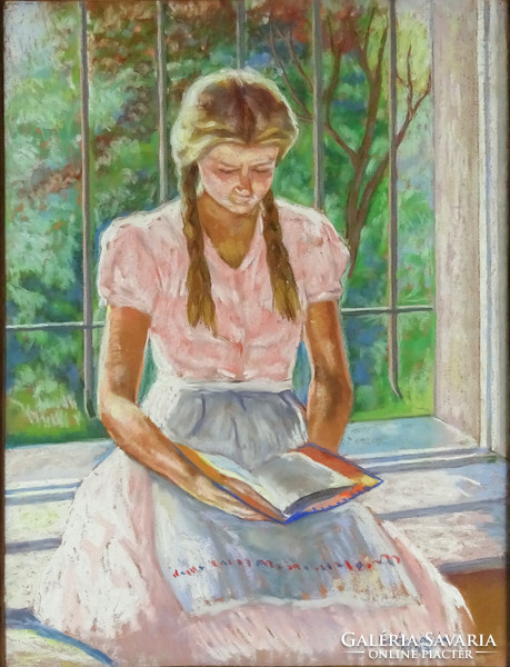 1H378 Mányi Csizmazia Kálmán : Lány az ablakban 1947 Két oldalas kép hátoldalán szegedi látkép.