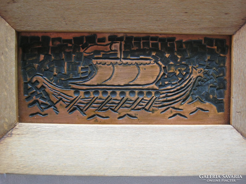 Retro ... iparművészeti bronz viking hajós fali plakett fa keretben