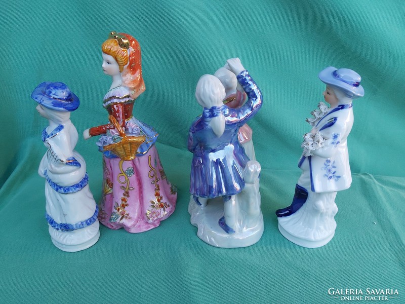 Gyönyörű 4 db-os porcelán nipp csomag barokk hölgy virágos kosárral táncos táncoló Gyűjtői darab