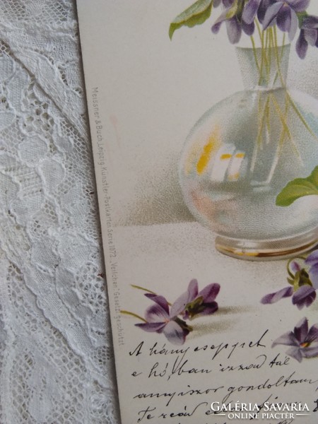 Antique long address litho / lithographic violet postcard, violet, vase 1902