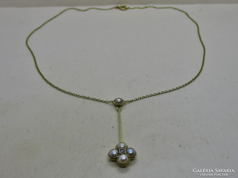 Különleges antik art deco arany nyakék tengeri gyöngy és gyémánt díszekkel