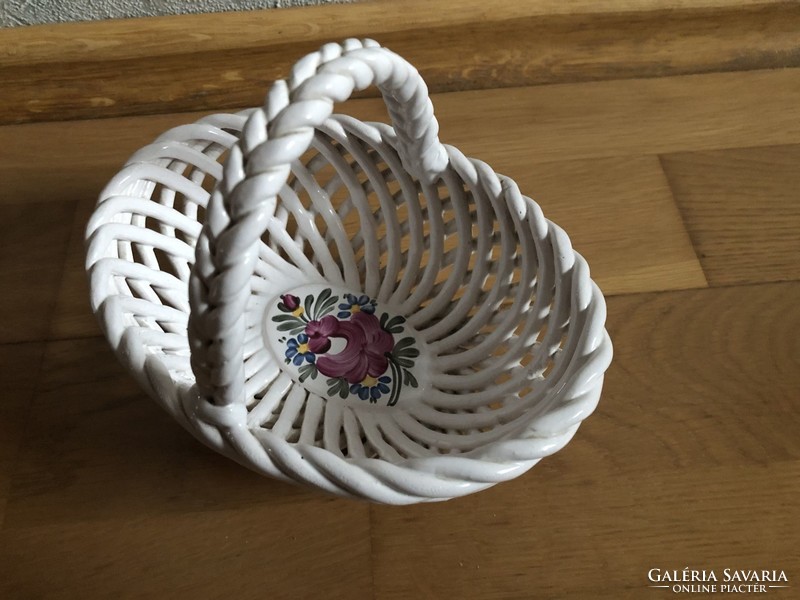 Hand-painted, signed floral patterned ceramic basket offering