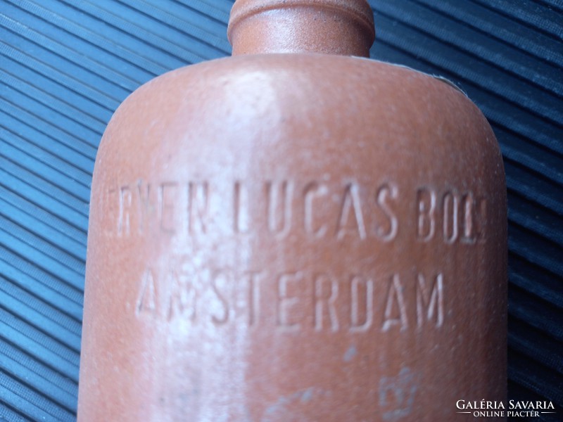 Midcentury bols retro, clay brandy stoneware flask with glass bols, with Amsterdam branding