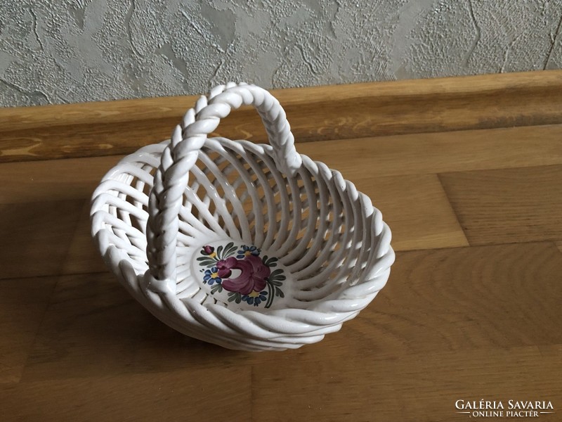 Hand-painted, signed floral patterned ceramic basket offering