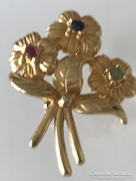 Gold-plated brooch with synthetic ruby, sapphire and emerald stone, 4 x 3 cm