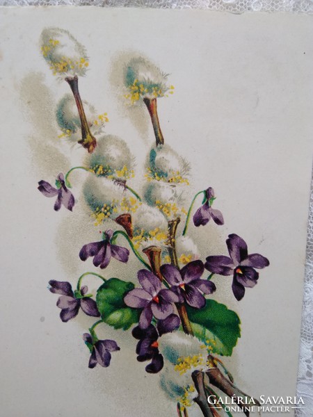 Antique litho / lithographic violet postcard, violet, catkins circa 1910
