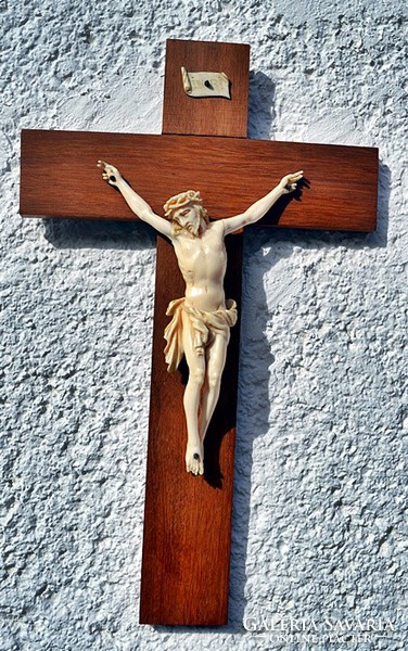 63. Antik, CSONT Jézus Krisztus (14 cm hatalmas méretek!)  30 cm-es feszület, impozáns