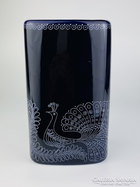 Hollóház porcelain vase - peacock pattern