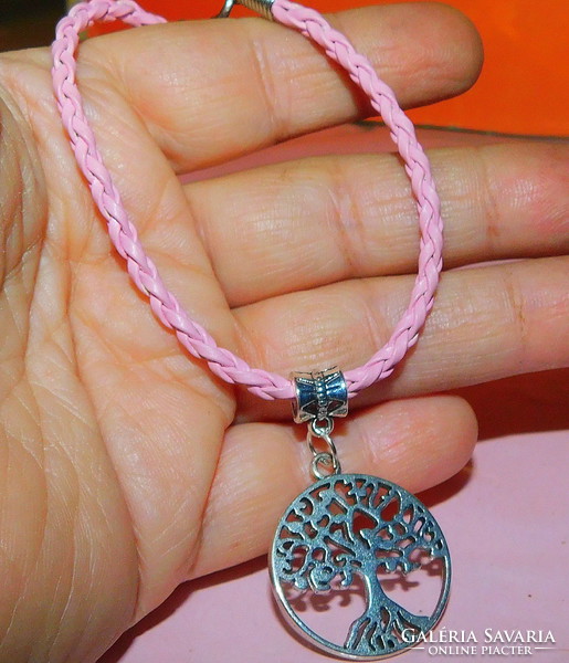 Tree of life pendant pink braided leather nature Tibetan silver bracelet