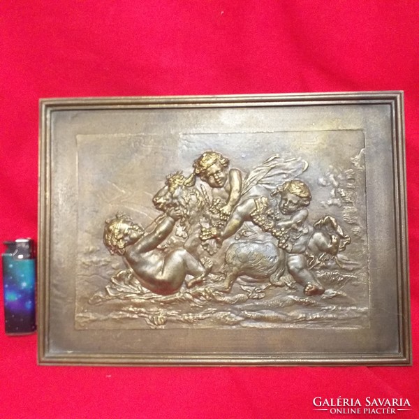 Bronz,Réz Mitológiai Játszadozó Puttós,Angyalos Fali Dísz,Életkép,Kép.