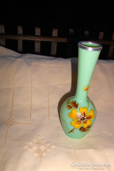 Antique chalcedony glass enamel painted vase with metal border
