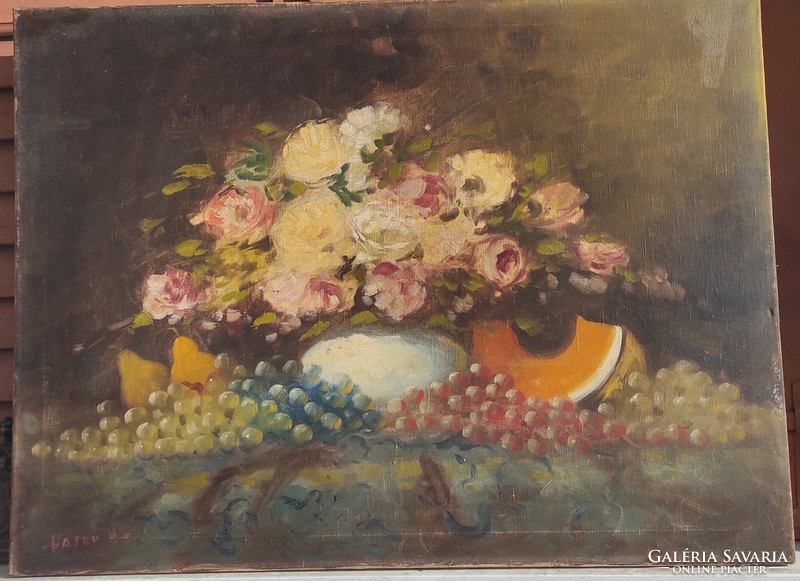 Gyönyörű olaj vászon asztali Gyümölcs csendélet, Szignàlt jó állapotban: Hajdú