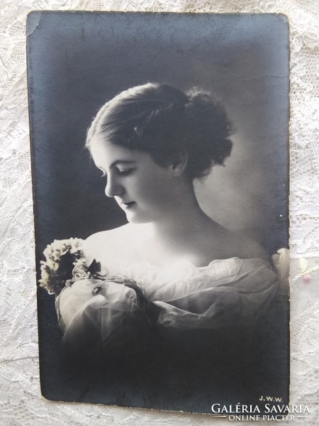 Antique long postcard / photo card, beautiful lady with flowers circa 1900