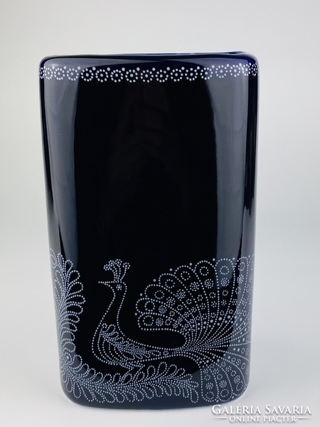 Hollóház porcelain vase - peacock pattern