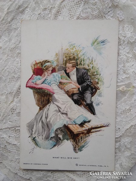 Antik amerikai Reinthal New York művészlap/üdvözlőlap/képeslap, arisztokrata szerelmes pár 1917
