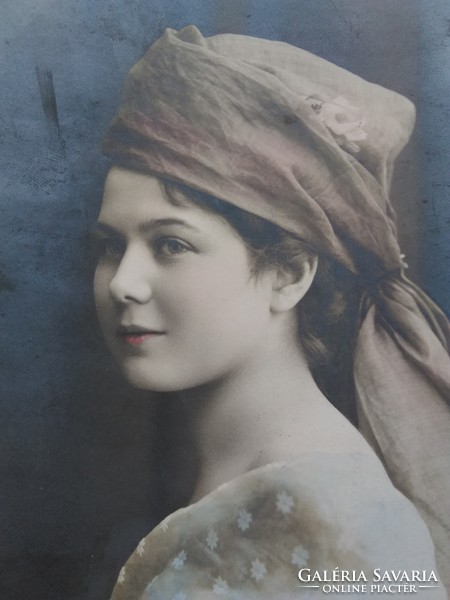 Antique tinted photo / postcard lady in headscarf 1910