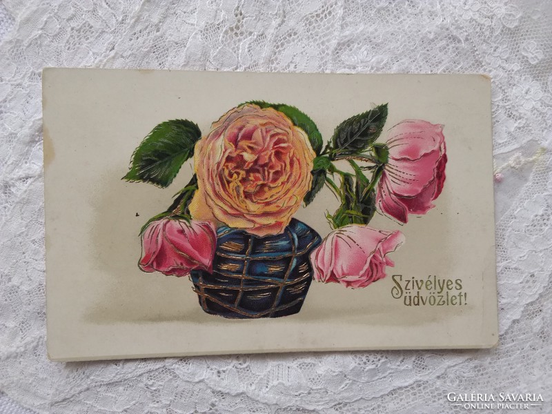 Antique gilded litho / lithographic postcard with pink and yellow roses 1916