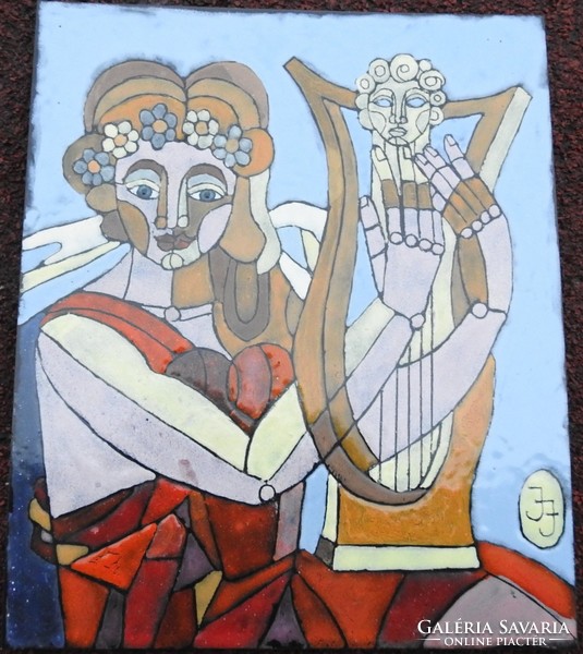 Józsa jános _ woman with harp - fire enamel picture