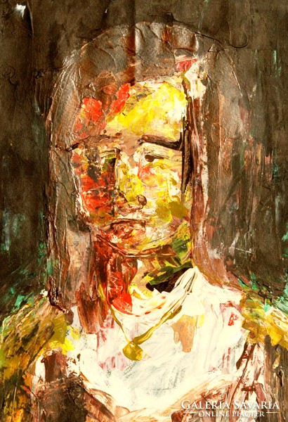 Contemporary artist: portrait of a girl with a painting knife, in red and yellow - oil painting, framed