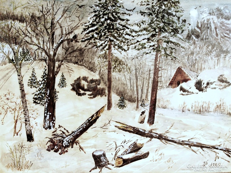 V. J.: Madarak a havas téli erdőben, 1990 - nagy méretű akvarell, keretezve