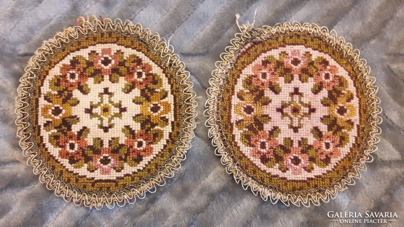 Pair of old round tapestry tablecloths (m2144)