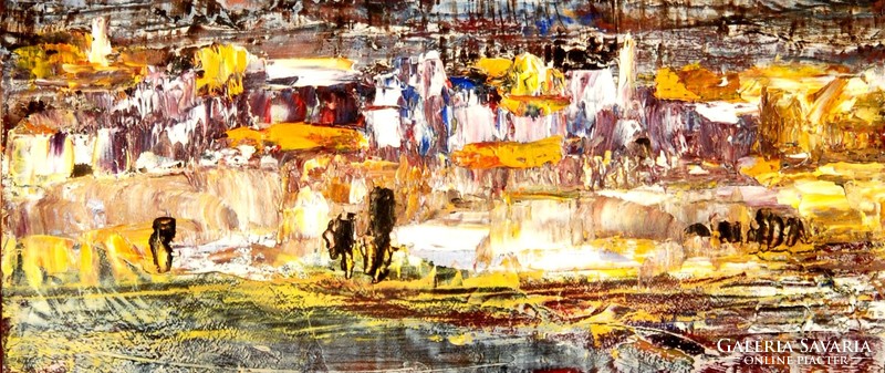 Kortárs művész: Folyóparti város, háttérben hegyekkel - festőkéssel készített olajfestmény