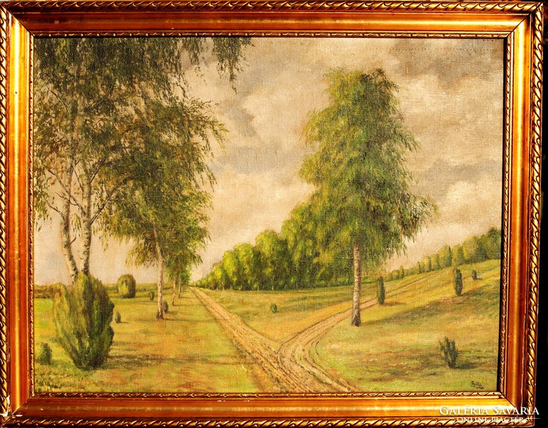 Bilke: field road with row of trees - large oil-canvas painting, framed