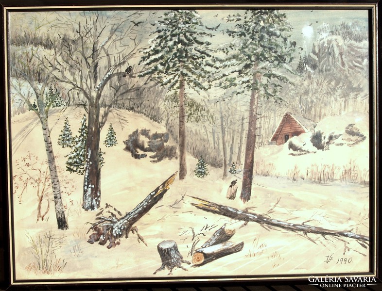 V. J .: Birds in the snowy winter forest, 1990 - large watercolor, framed
