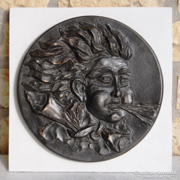 Goddess of the Wind - ceramic plaque on wooden back