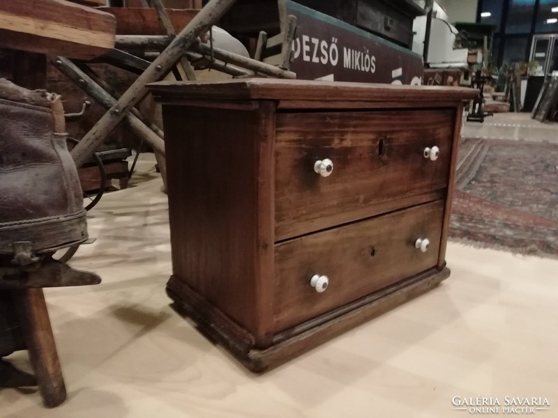Exam work, mini chest of drawers, mahogany furniture with two drawers from the end of the 19th century