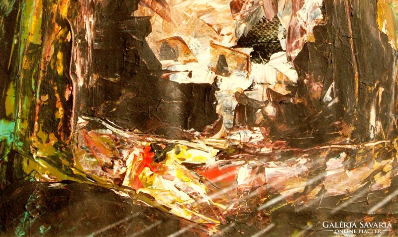 Kortárs művész: Leányportré festőkéssel, pirosban és sárgában - olajfestmény, keretezve