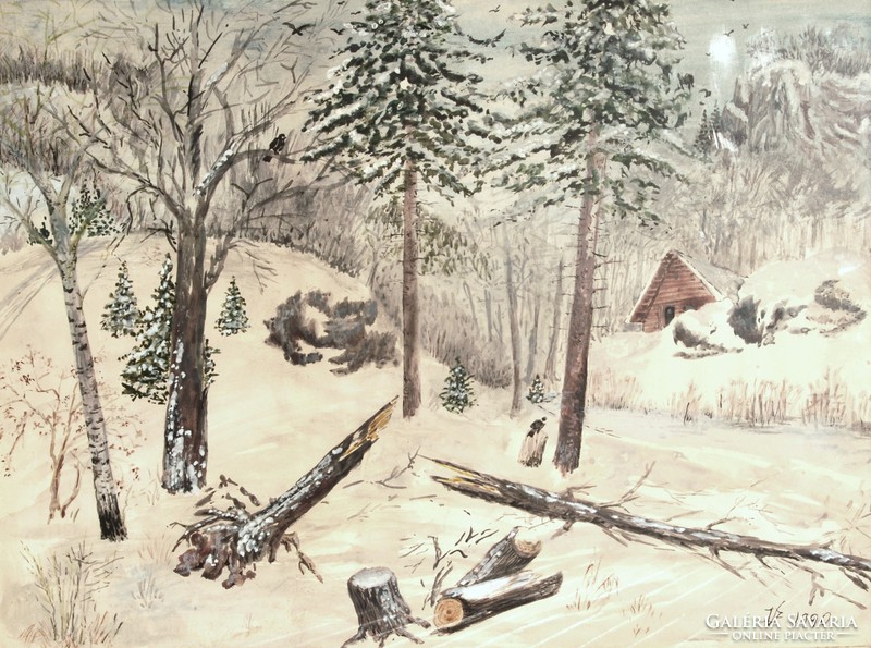 V. J .: Birds in the snowy winter forest, 1990 - large watercolor, framed