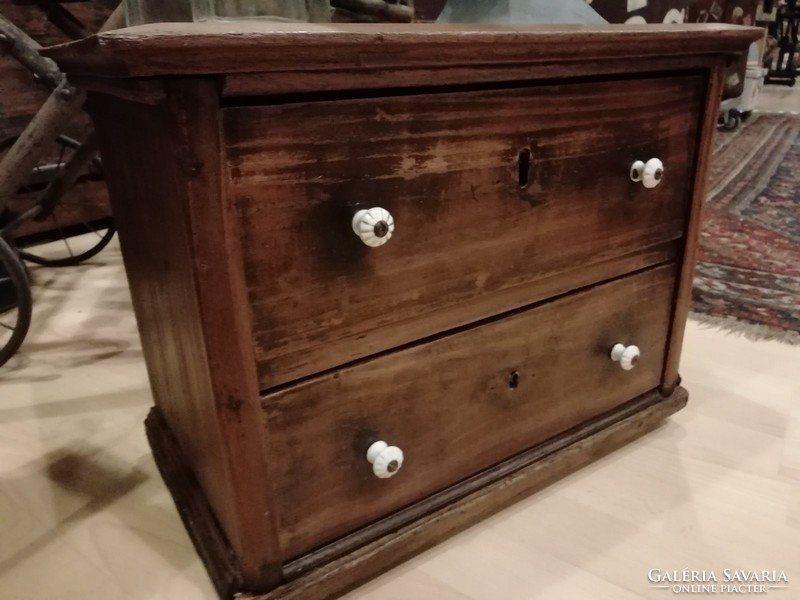 Exam work, mini chest of drawers, mahogany furniture with two drawers from the end of the 19th century
