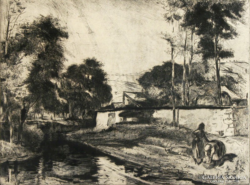 The end of the village of Zoltán Nagy 44x54cm etching engraving village stream washers washing