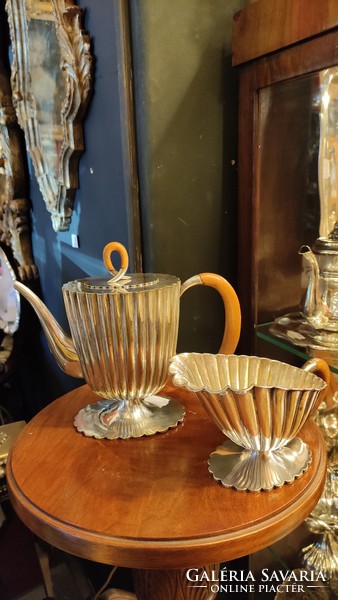 Ezüstözött fa fülű  teás-/kávéskanna és tej kiöntő.  Art Deco stílusú Ritka.